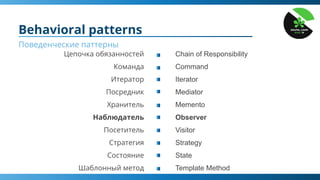 Цепочка обязанностей
Команда
Итератор
Посредник
Хранитель
Наблюдатель
Посетитель
Стратегия
Состояние
Шаблонный метод
Behavioral patterns
Поведенческие паттерны
Chain of Responsibility
Command
Iterator
Mediator
Memento
Observer
Visitor
Strategy
State
Template Method
 