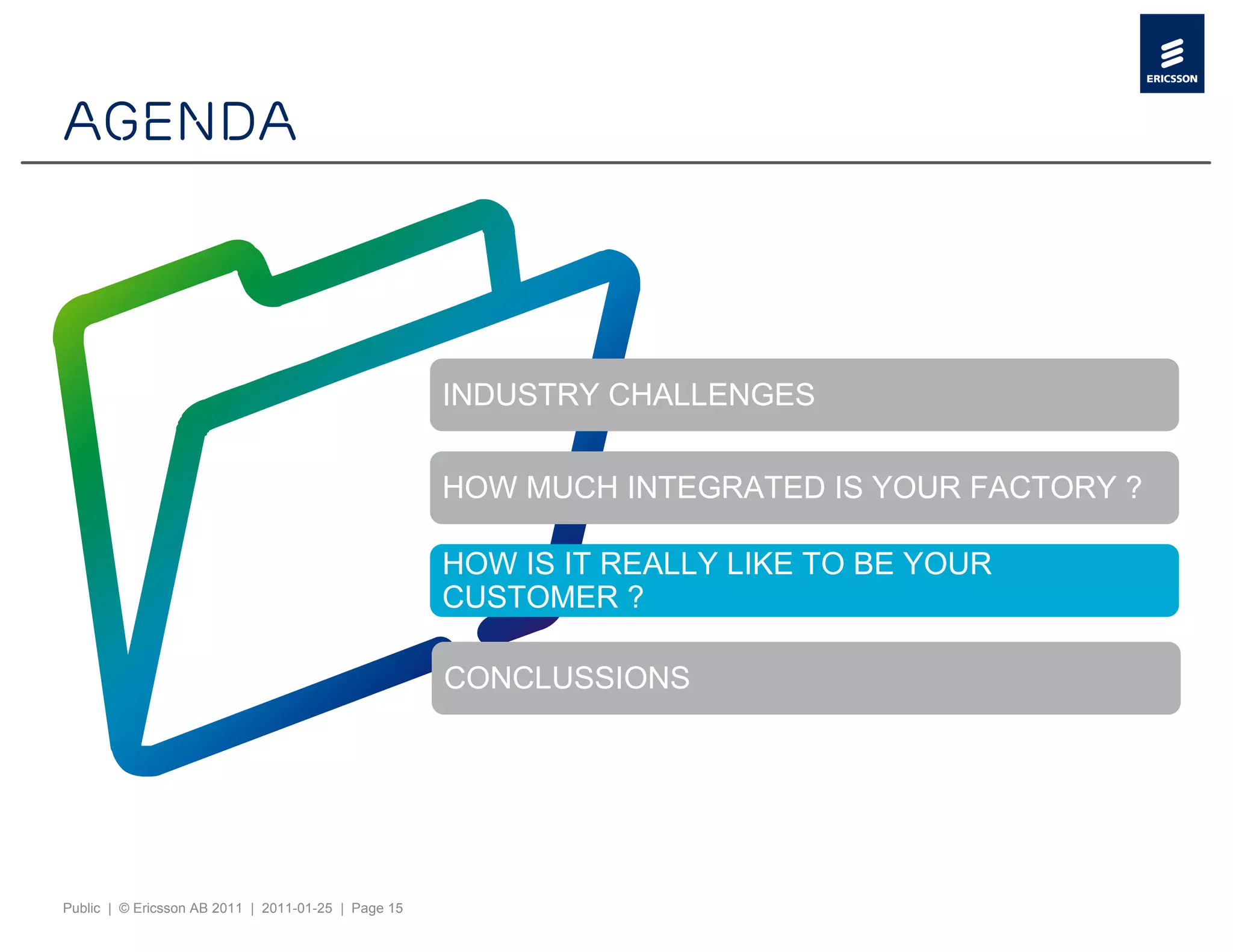 Agenda



                                                     INDUSTRY CHALLENGES


                                                     HOW MUCH INTEGRATED IS YOUR FACTORY ?

                                                     HOW IS IT REALLY LIKE TO BE YOUR
                                                     CUSTOMER ?

                                                     CONCLUSSIONS




Public | © Ericsson AB 2011 | 2011-01-25 | Page 15
 