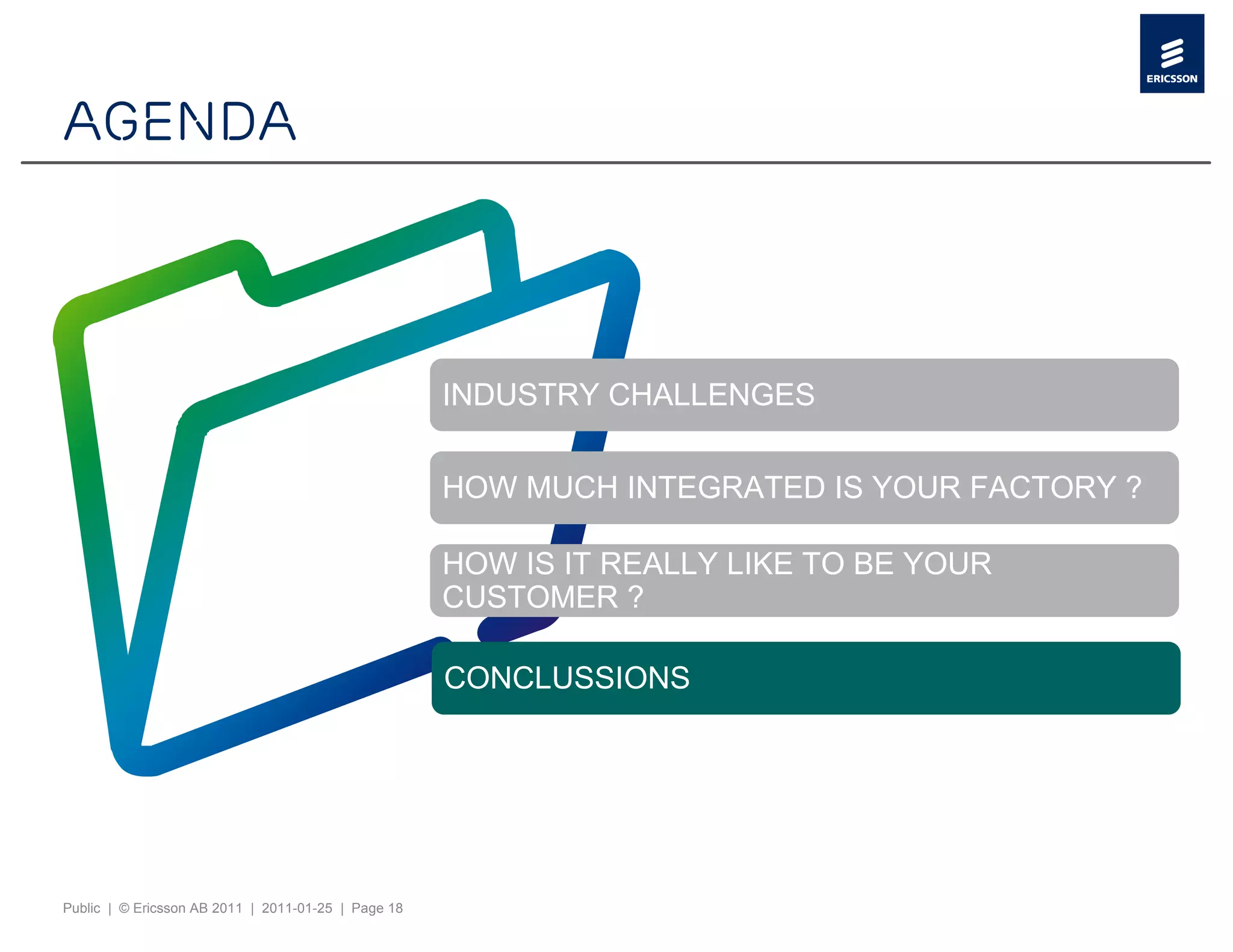 Agenda



                                                     INDUSTRY CHALLENGES


                                                     HOW MUCH INTEGRATED IS YOUR FACTORY ?

                                                     HOW IS IT REALLY LIKE TO BE YOUR
                                                     CUSTOMER ?

                                                     CONCLUSSIONS




Public | © Ericsson AB 2011 | 2011-01-25 | Page 18
 