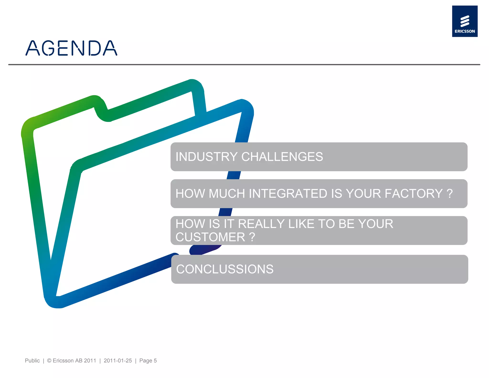 Agenda



                                                    INDUSTRY CHALLENGES


                                                    HOW MUCH INTEGRATED IS YOUR FACTORY ?

                                                    HOW IS IT REALLY LIKE TO BE YOUR
                                                    CUSTOMER ?

                                                    CONCLUSSIONS




Public | © Ericsson AB 2011 | 2011-01-25 | Page 5
 
