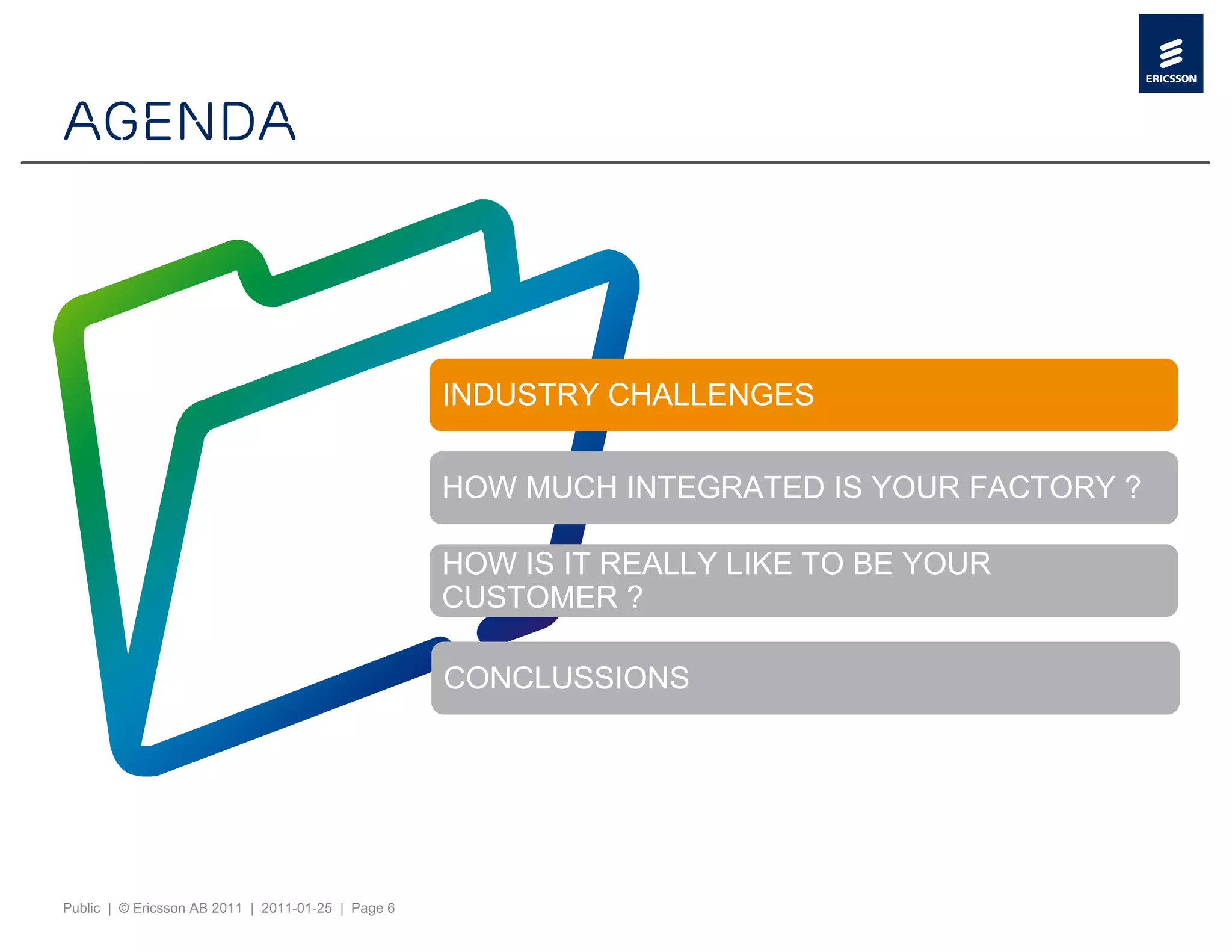 Agenda



                                                    INDUSTRY CHALLENGES


                                                    HOW MUCH INTEGRATED IS YOUR FACTORY ?

                                                    HOW IS IT REALLY LIKE TO BE YOUR
                                                    CUSTOMER ?

                                                    CONCLUSSIONS




Public | © Ericsson AB 2011 | 2011-01-25 | Page 6
 