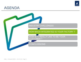Agenda



                                                     INDUSTRY CHALLENGES


                                                     HOW MUCH INTEGRATED IS YOUR FACTORY ?

                                                     HOW IS IT REALLY LIKE TO BE YOUR
                                                     CUSTOMER ?

                                                     CONCLUSSIONS




Public | © Ericsson AB 2011 | 2011-01-25 | Page 12
 