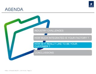 Agenda



                                                     INDUSTRY CHALLENGES


                                                     HOW MUCH INTEGRATED IS YOUR FACTORY ?

                                                     HOW IS IT REALLY LIKE TO BE YOUR
                                                     CUSTOMER ?

                                                     CONCLUSSIONS




Public | © Ericsson AB 2011 | 2011-01-25 | Page 15
 
