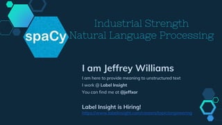 Industrial Strength
Natural Language Processing
I am Jeffrey Williams
I am here to provide meaning to unstructured text
I work @ Label Insight
You can find me at @jeffxor
Label Insight is Hiring!
https://www.labelinsight.com/careers/topic/engineering
 