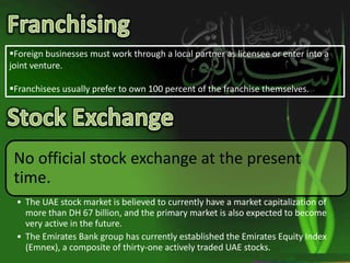 HistoryPrior to independence, the UAE was Trucial Oman.1892 – UK assumed responsibility for the defense and external relations.1952 – The Trucial Council, comprising the rulers of the seven sheikhdoms, was established.1958 – Petroleum was first discovered.1960 – Onshore Petroleum was found.1962 – Commercial exploitation of petroleum began.1968 – UK Announced its intention of withdrawing British military forces.1971 – UAE became independent.1981 - UAE was a founder member of the GCC of the Gulf (generally known as the Gulf Co-operation Council).1987 - Full diplomatic relations were restored with Egypt for Commercial Links between them.