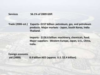 Services           56.1% of 2009 GDP.


Trade (2006 est.) Exports--$157 billion: petroleum, gas, and petroleum
                  products. Major markets - Japan, South Korea, India
                  Thailand.

                  Imports - $126.6 billion: machinery, chemicals, food.
                  Major suppliers - Western Europe, Japan, U.S., China,
                  India.


Foreign economic
aid (2009)       8.9 billion AED (approx. U.S. $2.4 billion).
 