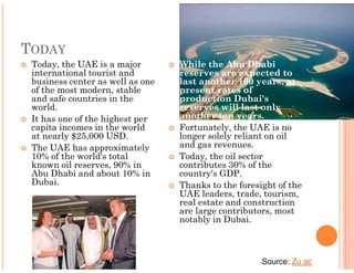 TODAY
 Today, the UAE is a major        While the Abu Dhabi
 international tourist and        reserves are expected to
 business center as well as one   last another 100 years, at
 of the most modern, stable       present rates of
 and safe countries in the        production Dubai's
 world.                           reserves will last only
 It has one of the highest per    another ten years.
 capita incomes in the world      Fortunately, the UAE is no
 at nearly $25,000 USD.           longer solely reliant on oil
 The UAE has approximately        and gas revenues.
 10% of the world's total         Today, the oil sector
 known oil reserves, 90% in       contributes 30% of the
 Abu Dhabi and about 10% in       country's GDP.
 Dubai.                           Thanks to the foresight of the
                                  UAE leaders, trade, tourism,
                                  real estate and construction
                                  are large contributors, most
                                  notably in Dubai.



                                                     •   Source: Zu.ac
 