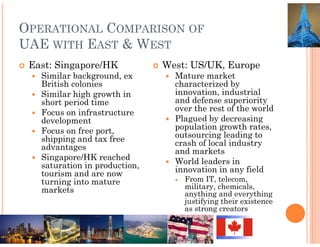 OPERATIONAL COMPARISON OF
UAE WITH EAST & WEST
 East: Singapore/HK            West: US/UK, Europe
   Similar background, ex        Mature market
   British colonies              characterized by
   Similar high growth in        innovation, industrial
   short period time             and defense superiority
   Focus on infrastructure       over the rest of the world
   development                   Plagued by decreasing
   Focus on free port,           population growth rates,
   shipping and tax free         outsourcing leading to
   advantages                    crash of local industry
                                 and markets
   Singapore/HK reached          World leaders in
   saturation in production,     innovation in any field
   tourism and are now
   turning into mature             From IT, telecom,
   markets                         military, chemicals,
                                   anything and everything
                                   justifying their existence
                                   as strong creators
 