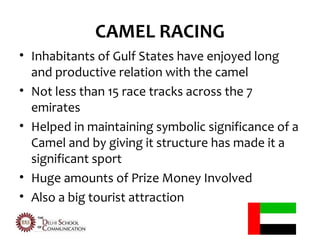 CAMEL RACING
• Inhabitants of Gulf States have enjoyed long
  and productive relation with the camel
• Not less than 15 race tracks across the 7
  emirates
• Helped in maintaining symbolic significance of a
  Camel and by giving it structure has made it a
  significant sport
• Huge amounts of Prize Money Involved
• Also a big tourist attraction
 