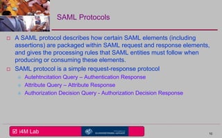  i4M Lab
SAML Protocols
 A SAML protocol describes how certain SAML elements (including
assertions) are packaged within SAML request and response elements,
and gives the processing rules that SAML entities must follow when
producing or consuming these elements.
 SAML protocol is a simple request-response protocol
 Autehtncitation Query – Authentication Response
 Attribute Query – Attribute Response
 Authorization Decision Query - Authorization Decision Response
10
 