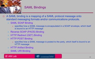  i4M Lab
SAML Bindings
 A SAML binding is a mapping of a SAML protocol message onto
standard messaging formats and/or communications protocols.
 SAML SOAP Binding
o specifies how a SAML message is encapsulated in a SOAP envelope, which itself
is bound to an HTTP message
 Reverse SOAP (PAOS) Binding
 HTTP Redirect (GET) Binding
 HTTP POST Binding
o specifies how a SAML message is posted to the party, which itself is bound to an
HTTP message
 HTTP Artifact Binding
 SAML URI Binding
11
 