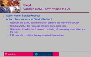  i4M Lab
Step4:
Validate SAML, save values to PAL
 Action Name: ServiceRedirect
 Action class: eu.stork.ss.ServiceRedirect
 Receives the SAML document which contains the reply from STORK
 Checks whether the response contains some error code
 Otherwise, decodes the document, retrieving all necessary information, esp.
the PAL
 PAL now also contains the requested attribute values
 
