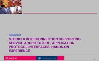  i4M Lab
STORK2.0 INTERCONNECTION SUPPORTING
SERVICE ARCHITECTURE, APPLICATION
PROTOCOL INTERFACES, HANDS-ON
EXPERIENCE
Session II
5
 