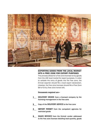 Exporting goods from thE local markEt
into a frEE zonE for Export purposEs
This process allows for a free zone licensee to buy goods
from the UAE local market for export purposes. In order
to validate the entry of goods into the free zone, the
Emirati exporter should file a local export declaration.
Likewise, the free zone licensee should file a Free Zone
Bill of Entry (free zone transit bill).
Documents required are—
Delivery orDer from a licensed company by the
licensing management in the free zone
Copy of the Delivery aDvice to the free zone
import permit from the competent agencies for
restricted goods
SaleS invoice from the Emirati vendor addressed
to the free zone licensee detailing total quantity, goods
1
2
3
4
 