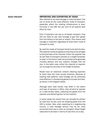ImportIng and exportIng by road
Also referred to as road haulage or road transport, this
can at times be the most effective mode of transport,
especially where the existing infrastructure is poor.
Currently in the UAE five per cent of all exports take
place by road.
Even if exporters use sea or air-based transport, they
still are likely to use road haulage to get their goods
from the factory to the port or airport. This means road
haulage is important regardless of what other mode of
transport is used.
By road the mode of transport tends to be door-to-door.
The exporter sends the goods so that they arrive straight
to the premises of the importer. Either the exporter has
its own fleet of transport vehicles or a freight forwarder
is used. In the former case the purchase price generally
includes delivery and any customs charges that are
due. In the latter case, either the importer or exporter
can arrange the services of the freight forwarder.
Roads have an extensive network allowing exporters
to reach even the most remote locations. Because of
existing road systems, road haulage can be extremely
cost-effective in transporting goods to Europe and Asia,
as shown in the diagram below.
Although each road haulier may differ in the extent
and type of services it offers, they all tend to operate
on a door-to-door basis, collecting the goods from the
exporter and delivering them to the importer.
In some cases the transit time can actually be shorter
by road than by sea, such as shipping goods from the
UAE to Jordan. Also, when exporting to a neighbouring
country, a road haulage service may be far more
convenient than sea or even air transport. Road freight
rates tend to be lower in terms of cost than air or sea.
ROAD fReight
 