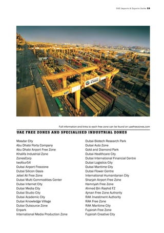 UAE Imports & Exports Guide 59
Masdar City
Abu Dhabi Ports Company
Abu Dhabi Airport Free Zone
Khalifa Industrial Zone
ZonesCorp
twofour54
Dubai Airport Freezone
Dubai Silicon Oasis
Jebel Ali Free Zone
Dubai Multi Commodities Center
Dubai Internet City
Dubai Media City
Dubai Studio City
Dubai Academic City
Dubai Knowledge Village
Dubai Outsource Zone
Enpark
International Media Production Zone
Dubai Biotech Research Park
Dubai Auto Zone
Gold and Diamond Park
Dubai Healthcare City
Dubai International Financial Centre
Dubai Logistics City
Dubai Maritime City
Dubai Flower Centre
International Humanitarian City
Sharjah Airport Free Zone
Hamriyah Free Zone
Ahmed Bin Rashid FZ
Ajman Free Zone Authority
RAK Investment Authority
RAK Free Zone
RAK Maritime City
Fujairah Free Zone
Fujairah Creative City
UAE FrEE ZonEs And spEciAlisEd indUstriAl ZonEs
Full information and links to each free zone can be found on uaefreezones.com
 