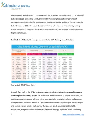 5 www.arabbusinessreview.com 
to Dubai’s GDP, create nearly 277,000 new jobs and draw over 25 million visitors. The theme of 
Dubai Expo 2020, Connecting Minds, Creating the Futureemphasizes the importance of 
partnerships and innovation for building a sustainable world today and in the future. Especially 
Dubai Expo’s new 100-million-euro Expo Live initiative will help drive innovation by uniting 
research institutes, companies, citizens and entrepreneurs across the globe in finding solutions 
to global challenges. 
Exhibit 2: World Bank’s Knowledge Economy Index (KEI) Ranking of Arab Nations 
Source: IMF, MRD/Orient Planet 
Overall, if we look at the UAE’s innovation ecosystem, it seems that the pieces of the puzzle 
are falling into the correct places. The nation now boasts a number of unique advantages, such 
as strong education system, a diverse talent pool, a growing innovation culture, and a number 
of targeted R&D initiatives. While the UAE government has been capitalizing on these strengths 
and issuing relevant policies that address the issues of talent, funding and stakeholder 
cooperation, the private sector will need to play an increasingly important role in supporting 
 