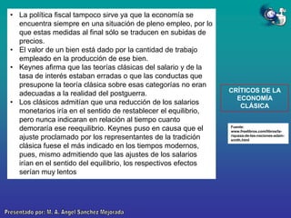 • La política fiscal tampoco sirve ya que la economía se
encuentra siempre en una situación de pleno empleo, por lo
que estas medidas al final sólo se traducen en subidas de
precios.
• El valor de un bien está dado por la cantidad de trabajo
empleado en la producción de ese bien.
• Keynes afirma que las teorías clásicas del salario y de la
tasa de interés estaban erradas o que las conductas que
presupone la teoría clásica sobre esas categorías no eran
adecuadas a la realidad del postguerra.
• Los clásicos admitían que una reducción de los salarios
monetarios iría en el sentido de restablecer el equilibrio,
pero nunca indicaran en relación al tiempo cuanto
demoraría ese reequilibrio. Keynes puso en causa que el
ajuste proclamado por los representantes de la tradición
clásica fuese el más indicado en los tiempos modernos,
pues, mismo admitiendo que las ajustes de los salarios
irían en el sentido del equilibrio, los respectivos efectos
serían muy lentos

CRÍTICOS DE LA
ECONOMÍA
CLÁSICA

Fuente:
www.freelibros.com/libros/lariqueza-de-las-naciones-adamsmith.html

 