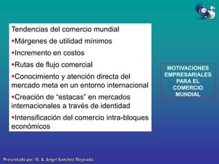 Tendencias del comercio mundial
Márgenes de utilidad mínimos
Incremento en costos
Rutas de flujo comercial
Conocimiento y atención directa del
mercado meta en un entorno internacional
Creación de “estacas” en mercados
internacionales a través de identidad
Intensificación del comercio intra-bloques
económicos

MOTIVACIONES
EMPRESARIALES
PARA EL
COMERCIO
MUNDIAL

 