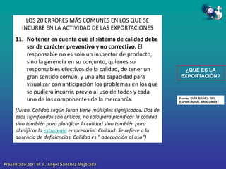 LOS 20 ERRORES MÁS COMUNES EN LOS QUE SE
INCURRE EN LA ACTIVIDAD DE LAS EXPORTACIONES
11. No tener en cuenta que el sistema de calidad debe
ser de carácter preventivo y no correctivo. El
responsable no es solo un inspector de producto,
sino la gerencia en su conjunto, quienes so
responsables efectivos de la calidad, de tener un
gran sentido común, y una alta capacidad para
visualizar con anticipación los problemas en los que
se pudiera incurrir, previo al uso de todos y cada
uno de los componentes de la mercancía.
(Juran. Calidad según Juran tiene múltiples significados. Dos de
esos significados son críticos, no solo para planificar la calidad
sino también para planificar la calidad sino también para
planificar la estrategia empresarial. Calidad: Se refiere a la
ausencia de deficiencias. Calidad es " adecuación al uso“)

¿QUÉ ES LA
EXPORTACIÓN?

Fuente: GUÍA BÁSICA DEL
EXPORTADOR. BANCOMEXT

 