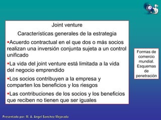 Joint venture

Características generales de la estrategia
Acuerdo contractual en el que dos o más socios
realizan una inversión conjunta sujeta a un control
unificado

La vida del joint venture está limitada a la vida
del negocio emprendido
Los socios contribuyen a la empresa y
comparten los beneficios y los riesgos
Las contribuciones de los socios y los beneficios
que reciben no tienen que ser iguales

Formas de
comercio
mundial.
Esquemas
de
penetración

 