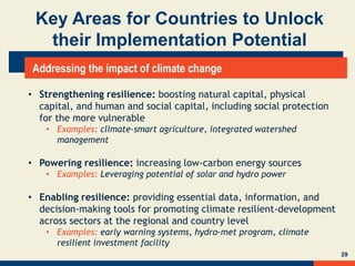29
Addressing the impact of climate change
• Strengthening resilience: boosting natural capital, physical
capital, and human and social capital, including social protection
for the more vulnerable
• Examples: climate-smart agriculture, integrated watershed
management
• Powering resilience: increasing low-carbon energy sources
• Examples: Leveraging potential of solar and hydro power
• Enabling resilience: providing essential data, information, and
decision-making tools for promoting climate resilient-development
across sectors at the regional and country level
• Examples: early warning systems, hydro-met program, climate
resilient investment facility
Key Areas for Countries to Unlock
their Implementation Potential
 