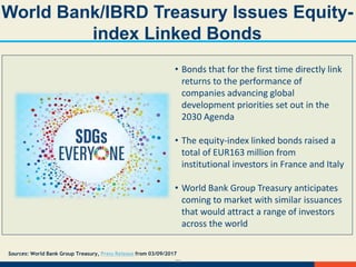 33
World Bank/IBRD Treasury Issues Equity-
index Linked Bonds
• Bonds that for the first time directly link
returns to the performance of
companies advancing global
development priorities set out in the
2030 Agenda
• The equity-index linked bonds raised a
total of EUR163 million from
institutional investors in France and Italy
• World Bank Group Treasury anticipates
coming to market with similar issuances
that would attract a range of investors
across the world
Sources: World Bank Group Treasury, Press Release from 03/09/2017
 