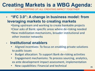 35
Creating Markets is a WBG Agenda:
EACH STEPPING UP, ALL CREATING IMPACT TOGETHER
• “IFC 3.0”: A change in business model: from
leveraging markets to creating markets
•Going upstream and working to create bankable projects
•Clear asks of Bank: specific areas where de-risking needed
•New mobilization mechanisms, broader institutional and
other investor networks
• Institutional enablers
• Aligned incentives: To focus on enabling private solutions
to public issues
• Budget allocation: To support Bank de-risking activities
• Engagement mechanisms: To process sourcing, analytics,
ex ante development impact assessment, implementation
• New capabilities: Financial and technical
 