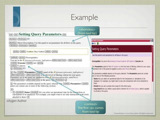 Presentation	
  ©	
  2013	
  Ray	
  Gallon	
  all	
  rights	
  reserved	
  
!
Example	

shortdesc	
  
(from	
  tool	
  tip)	
  
context	
  
The	
  ﬁrst	
  p	
  comes	
  
from	
  tool	
  tip	
  
oXygen	
  Author	
  
 
