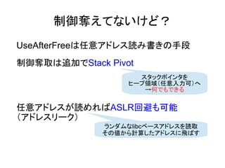 ZƤʤɣ
UseAfterFree⥢ɥ쥹iߕֶ
Zȡ׷ӤStack Pivot
⥢ɥ쥹iASLRرܤ
ɥ쥹`
åݥ󥿤
ҩ`Iɣ
ΤǤǤ
libc٩`ɥ쥹iȡ
΂Ӌ㤷ɥ쥹wФ
 
