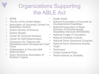 Organizations Supporting
                 the ABLE Act
•   APSE                                 •   Easter Seals
•   The Arc of the United States         •   National Association of Councils on
•   Association of University Centers on     Developmental Disabilities
    Disabilities (AUCD)                  •   National Association of State
•   Autism Society of America                Directors of Developmental
•   Autism Speaks                            Disabilities Services (NASDDDS)
•   Center for Outcome Analysis          •   National Fragile X Foundation
•   Center for Self-Determination        •   National Disability Institute
•   Consortium for Citizens with         •   National Down Syndrome Congress
    Disabilities Asset Development Task •    National Down Syndrome Society
    Force                                •   TASH
•   Collaboration to Promote Self-       •   TecAccess
    Determination                        •   United Cerebral Palsy
•   Down Syndrome Association of         •   World Institute on Disability
    Northern Virginia
 