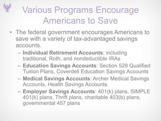Various Programs Encourage
         Americans to Save
• The federal government encourages Americans to
  save with a variety of tax-advantaged savings
  accounts.
  – Individual Retirement Accounts: including
    traditional, Roth, and nondeductible IRAs
  – Education Savings Accounts: Section 529 Qualified
    Tuition Plans, Coverdell Education Savings Accounts
  – Medical Savings Accounts: Archer Medical Savings
    Accounts, Health Savings Accounts
  – Employer Savings Accounts: 401(k) plans, SIMPLE
    401(k) plans, Thrift plans, charitable 403(b) plans,
    governmental 457 plans
 
