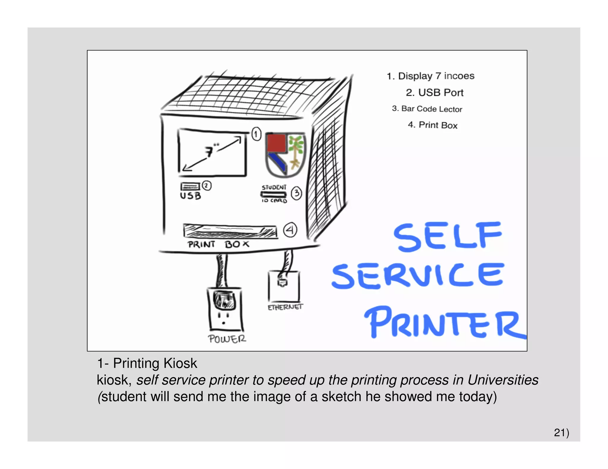 1- Printing Kiosk
kiosk, self service printer to speed up the printing process in Universities
(student will send me the image of a sketch he showed me today)

                                                                               21)
 