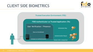 All Rights Reserved | FIDO Alliance | Copyright 201716
CLIENT SIDE BIOMETRICS
Trusted Execution Environment (TEE)
FIDO Authenticator as Trusted Application (TA)
User Verification / Presence
Attestation Key
Authentication Key(s)
Store at Enrollment
Compare at Authentication
Unlock after comparison
 