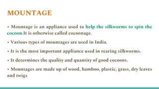 MOUNTAGE
• Mountage is an appliance used to help the silkworms to spin the
cocoon.It is otherwise called cocoonage.
• Various types of mountages are used in India.
• It is the most important appliance used in rearing silkworms.
• It determines the quality and quantity of good cocoons.
• Mountages are made up of wood, bamboo, plastic, grass, dry leaves
and twigs
 