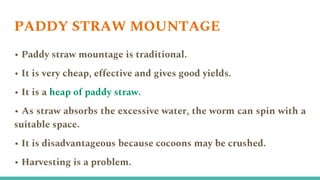 PADDY STRAW MOUNTAGE
• Paddy straw mountage is traditional.
• It is very cheap, effective and gives good yields.
• It is a heap of paddy straw.
• As straw absorbs the excessive water, the worm can spin with a
suitable space.
• It is disadvantageous because cocoons may be crushed.
• Harvesting is a problem.
 