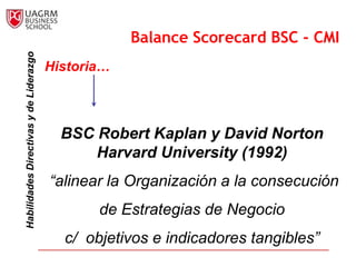 Balance                                                              Scorecard
                                                      Balance Scorecard BSC - CMI
  Habilidades Directivas y de Liderazgo


                                          Historia…



                                            BSC Robert Kaplan y David Norton
                                                Harvard University (1992)
                                          “alinear la Organización a la consecución
                                                 de Estrategias de Negocio
                                            c/ objetivos e indicadores tangibles”
 