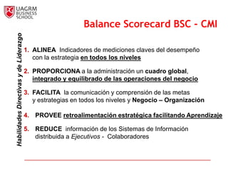 Balance                                                                               Scorecard
Otros
                                                              Balance Scorecard BSC - CMI
                                                                          beneficios
  Habilidades Directivas y de Liderazgo



                                          1. ALINEA Indicadores de mediciones claves del desempeño
                                             con la estrategia en todos los niveles

                                          2. PROPORCIONA a la administración un cuadro global,
                                             integrado y equilibrado de las operaciones del negocio

                                          3. FACILITA la comunicación y comprensión de las metas
                                             y estrategias en todos los niveles y Negocio – Organización

                                          4. PROVEE retroalimentación estratégica facilitando Aprendizaje

                                          5. REDUCE información de los Sistemas de Información
                                             distribuida a Ejecutivos - Colaboradores
 