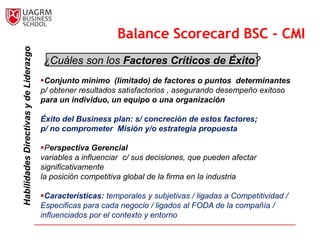 Balance                                                                                    Scorecard
                                                               Balance Scorecard BSC - CMI
                                                               Marco
  Habilidades Directivas y de Liderazgo


                                          ¿Cuáles son los Factores Críticos de Éxito?
                                          Conjunto mínimo (limitado) de factores o puntos determinantes
                                          p/ obtener resultados satisfactorios , asegurando desempeño exitoso
                                          para un individuo, un equipo o una organización

                                          Éxito del Business plan: s/ concreción de estos factores;
                                          p/ no comprometer Misión y/o estrategia propuesta

                                          Perspectiva Gerencial
                                          variables a influenciar c/ sus decisiones, que pueden afectar
                                          significativamente
                                          la posición competitiva global de la firma en la industria

                                          Características: temporales y subjetivas / ligadas a Competitividad /
                                          Especificas para cada negocio / ligados al FODA de la compañía /
                                          influenciados por el contexto y entorno
 