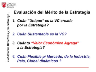 Evaluación del Mérito de la Estrategia
Habilidades Directivas y de Liderazgo



                                        1. Cuán “Unique” es la VC creada
                                           por la Estrategia?

                                        2. Cuán Sustentable es la VC?

                                        3. Cuánto “Valor Económico Agrega”
                                           a la Estrategia?

                                        4. Cuán Flexible p/ Mercado, de la Industria,
                                           País, Global dinámicos ?
 