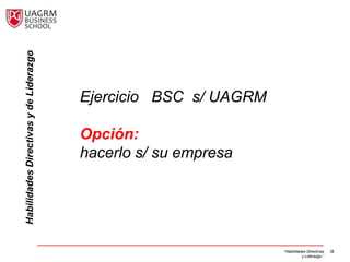 Habilidades Directivas y de Liderazgo




                                        Ejercicio BSC s/ UAGRM

                                        Opción:
                                        hacerlo s/ su empresa




                                                                 “Habilidades Directivas   38
                                                                           y Liderazgo.”
 