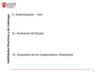 II.- Autoevaluación - foco
Habilidades Directivas y de Liderazgo




                                        III.- Evaluación del Equipo




                                        IV.- Evaluación de los Colaboradores / Empleados




                                                                                           42
 