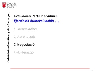 Habilidades Directivas y de Liderazgo

                                        Evaluación Perfil Individual:
                                        Ejercicios Autoevaluación …

                                        1. Interrelación

                                        2. Aprendizaje

                                        3. Negociación

                                        4.- Liderazgo




                                                                        48
 