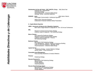 Distribuidora de Gas del Centro - DGC, MACRI s Group          Utility Sector:Gas
                                                    Argentine IPO - ROADSHOW
                                                    Launching Strategy
                                                    Visual Expressions - Interactive Media Design
                                                    Message Testing - Executives Speeches
Habilidades Directivas y de Liderazgo

                                        EDENOR - Astra                                         Utility Sector: Electric
                                                 Post-merger Communication: Institutional Argument
                                                    Media Coach: Executive Programs
                                                    Institutional & Financial Interactive Media Presentation


                                        II.- Capital Market Expertise

                                        ABRA - Asociación de Bancos de la República Argentina
                                                  Bank Sector Image Research & Diagnostic for 94 & 95 Annual Conferences

                                        BNL
                                                    Research & Internal Communication Strategy
                                                    Audience Impact & Diagnostic - Re-Positioning Strategy

                                        Banco Caseros
                                                  Post Tequila Re-Positioning Strategy
                                                  Research & Internal Communication Strategy
                                                  Audience Impact & Diagnostic - Finansur
                                                  Re-Positioning Strategy

                                        Barbenza Forlano
                                                  Benchmark & Re-Positioning Strategy
                                                  Crisis Management - Alliance, Coalition & Consensus Building
                                                  Lobby & Community Relations - Message Testing
                                                  Visual Expressions - Interactive Media Design

                                        Capital Service
                                                     Positioning Strategy - Investor Relations Strategy
                                                    Identity System - Visual Expressions

                                        Consultatio Asset Management
                                                   Post Launching Roadshows & Investors Relations

                                        Finansur
                                                    Positioning Strategy

                                        Pecunia Financial Co.
                                                   Benchmark & Re-Positioning Strategy
                                                   Identity System
                                                   Investor Relations
                                                   Visual Expressions

                                        Pecunia Stock Exchange Agent
                                                   Benchmark & Re-Positioning Strategy
                                                   Identity System - Visual Expressions
                                                   Investor Relations
 