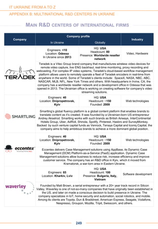 Company
Company profile
Industry
In Ukraine Globally
Engineers: <10
Location: Odessa
In Ukraine since 2013
HQ: USA
Headcount: 80
Presence: Worldwide reseller
network
Video, Hardware
Teradek is a Vitec Group brand company that manufactures wireless video devices for
remote video capture, live ENG backhaul, real-time monitoring, proxy recording and
webcasting. For complex IP video systems, Teradek's cloud-based workflow management
platform allows users to remotely operate a fleet of Teradek encoders in real-time from
anywhere in the world. Some of Teradek’s clients include: SpaceX, NASA, NBC, ABC,
NASCAR, MLB, NFL, New York Times and others. With headquarters in Irvine, CA, the
company has a worldwide reseller network and a development office in Odessa that was
opened in 2013. The Ukrainian office is working on creating software for company’s video
streaming solutions.
Engineers: 40
Location: Dnipropetrovsk,
Kyiv
HQ: USA
Headcount: ~150
Founded: 2009
Web technologies
Smartling’s global fluency platform is a global content platform that enables brands to
translate content as it’s created. It was founded by a Ukrainian-born US entrepreneur
Andrey Akselrod. Smartling works with such brands as British Airways, InterContinental
Hotels Group, Uber, AdRoll, Shinola, Spotify, Pinterest, Hasbro and SurveyMonkey.
Backed by such venture capital funds as Venrock, Tenaya Capital and Iconiq Capital, the
company aims to help ambitious brands to achieve a more dominant global position.
Engineers: 40
Location: Dnipropetrovsk,
Kyiv
HQ: USA
Headcount: ~150
Founded: 2009
Web technologies
Eccentex delivers Case Management solutions using AppBase, its Dynamic Case
Management (DCM) Platform-as-a-Service (PaaS) application. Dynamic Case
Management solutions allow business to reduce risk, increase efficiency and improve
customer service. The company has an R&D office in Kyiv, which it moved from
Kramatorsk, a war-torn area in Eastern Ukraine.
249
Engineers: 85
Location: Kharkiv, Lviv
HQ: USA
Headcount: 100
Presence: Bulgaria, Italy,
Vietnam
Software development
Founded by Matt Brown, a serial entrepreneur with a 20+ year track record in Silicon
Valley, Waverley is one of not-so-many companies that have originally been established in
the US, and later on made a conscious decision to build presence in Ukraine. The
company specializes in IoT, home security and automation, social robotics, and mobile.
Among its clients are Toyota, Dun & Bradstreet, American Express, Seagate, Vodafone,
Nespresso, Groupon, Mozilla, Tripit, Swisscom, and others.
IT UKRAINE FROM A TO Z
APPENDIX B: MULTINATIONAL R&D CENTERS IN UKRAINE
MAIN R&D CENTERS OF INTERNATIONAL FIRMS
 