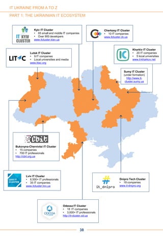 PART 1: THE UKRAINIAN IT ECOSYSTEM
Lviv IT Cluster
• 6,500+ IT professionals
• 35 IT companies
www.itcluster.lviv.ua
Dnipro Tech Cluster
• 18 companies
www.it-dnipro.org
Lutsk IT Cluster
• 9 lT companies
• Local universities and media
www.litac.org
Kharkiv IT Cluster
• 20 IT companies
• 5 local universities
www.it-kharkov.net
Bukovyna-Chernivtsi IT Cluster
• 15 companies
• 700 IT professionals
http://cbit.org.ua
Odessa IT Cluster
• 18 lT companies
• 3,000+ IT professionals
http://it-cluster.od.ua
38
Cherkasy IT Cluster
• 10 IT companies
www.itcluster.ck.ua
Kyiv IT Cluster
• 65 small and middle lT companies
• Over 900 developers
www.itcluster.kiev.ua
Sumy IT Cluster
(under formation)
http://www.it-
cluster.sumy.ua
IT UKRAINE FROM A TO Z
 