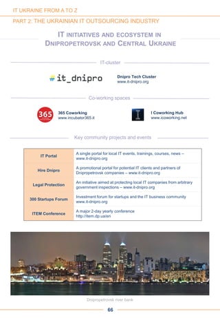 Key community projects and events
IT-cluster
Co-working spaces
I Coworking Hub
www.icoworking.net
365 Coworking
www.incubator365.it
Dnipro Tech Cluster
www.it-dnipro.org
IT Portal
A single portal for local IT events, trainings, courses, news –
www.it-dnipro.org
Hire Dnipro
A promotional portal for potential IT clients and partners of
Dnipropetrovsk companies – www.it-dnipro.org
Legal Protection
An initiative aimed at protecting local IT companies from arbitrary
government inspections – www.it-dnipro.org
300 Startups Forum
Investment forum for startups and the IT business community
www.it-dnipro.org
ITEM Conference
A major 2-day yearly conference
http://item.dp.ua/en
Dnipropetrovsk river bank
66
IT INITIATIVES AND ECOSYSTEM IN
DNIPROPETROVSK AND CENTRAL UKRAINE
IT UKRAINE FROM A TO Z
PART 2: THE UKRAINIAN IT OUTSOURCING INDUSTRY
 