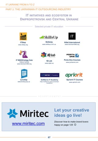 ITStep
www.itstep.org
Selected private IT education
IT
SkillsUp
www.skillsup.com.ua
Hillel International
www.itschool-hillel.org
IT MOOCology Hub
Python School
www.itschool-hillel.org
LevelUp
www.levelup.dp.ua
Apriorit IT Courses
www.apriorit.com
SoftServe IT Academy
https://softserve.ua/en/university/i
t-academy/
IQ Lab
www.iqlab.ua
Porta One Courses
www.portaone.com
IT INITIATIVES AND ECOSYSTEM IN
DNIPROPETROVSK AND CENTRAL UKRAINE
67
IT UKRAINE FROM A TO Z
PART 2: THE UKRAINIAN IT OUTSOURCING INDUSTRY
A D V E R T I S E M E N T
Let your creative
ideas go live!
Discover how to make brand lovers
happy on page 125 www.miritec.com
 