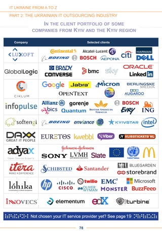IN THE CLIENT PORTFOLIO OF SOME
COMPANIES FROM KYIV AND THE KYIV REGION
Company Selected clients
78
19
IT UKRAINE FROM A TO Z
PART 2: THE UKRAINIAN IT OUTSOURCING INDUSTRY
 