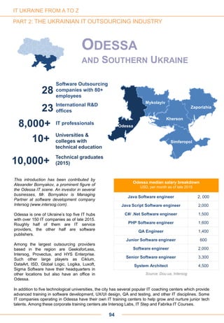 10+
Universities &
colleges with
technical education
10,000+
Technical graduates
(2015)
28
Software Outsourcing
companies with 80+
employees
23 International R&D
offices
8,000+ IT professionals
Odessa
Simferopol
Zaporizhia
Kherson
Mykolayiv
Odessa median salary breakdown
USD, per month as of late 2015
Java Software engineer 2, 000
Java Script Software engineer 2,000
C#/ .Net Software engineer 1,500
PHP Software engineer 1,600
QA Engineer 1,400
Junior Software engineer 600
Software engineer 2,000
Senior Software engineer 3,300
System Architect 4,500
Source: Dou.ua, Intersog
ODESSA
AND SOUTHERN UKRAINE
94
This introduction has been contributed by
Alexander Bornyakov, a prominent figure of
the Odessa IT scene. An investor in several
businesses, Mr. Bornyakov is Managing
Partner at software development company
Intersog (www.intersog.com).
Odessa is one of Ukraine’s top five IT hubs
with over 150 IT companies as of late 2015.
Roughly half of them are IT service
providers, the other half are software
publishers.
Among the largest outsourcing providers
based in the region are GeeksforLess,
Intersog, Provectus, and HYS Enterprise.
Such other large players as Ciklum,
DataArt, ISD, Global Logic, Logika, Luxoft,
Sigma Software have their headquarters in
other locations but also have an office in
Odessa.
In addition to five technological universities, the city has several popular IT coaching centers which provide
advanced training in software development, UX/UI design, QA and testing, and other IT disciplines. Some
IT companies operating in Odessa have their own IT training centers to help grow and nurture junior tech
talents. Among these corporate training centers ate Intersog Labs, IT Step and Fabrika IT Courses.
IT UKRAINE FROM A TO Z
PART 2: THE UKRAINIAN IT OUTSOURCING INDUSTRY
 